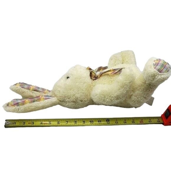 Easter Bunny Rabbit Plush Cream 17" Plaid Bow Sitting Tilted Head Long Ears - Picture 9 of 9